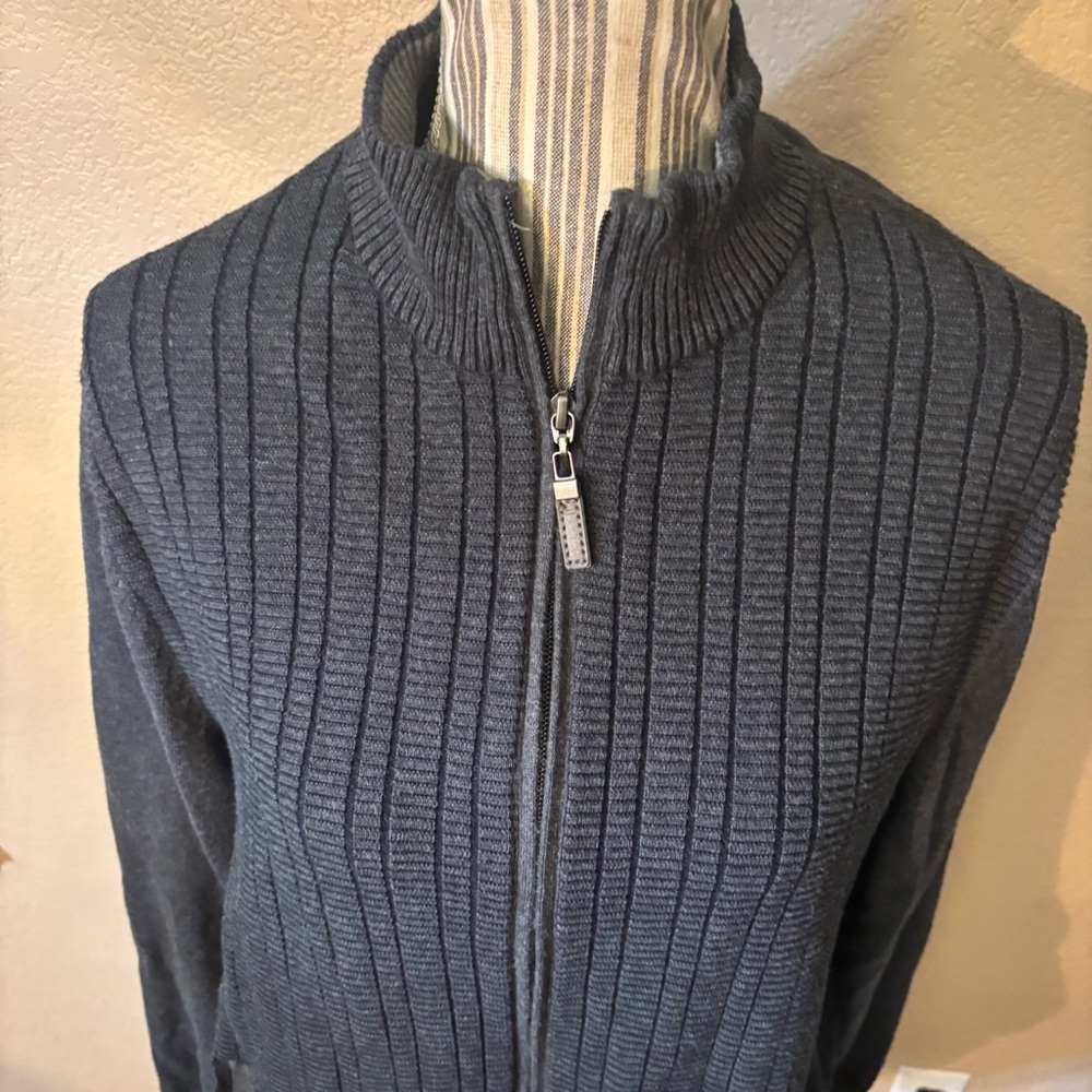 Tasso Elba Zip-Up Sweater XL Charcoal Grey Ribbed Full Zip Knit Cardigan Cotton - Picture 2 of 16
